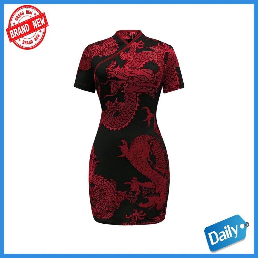 Traditional Chinese Qipao Mini Dress Dragon Print Bodycon Sleeveless